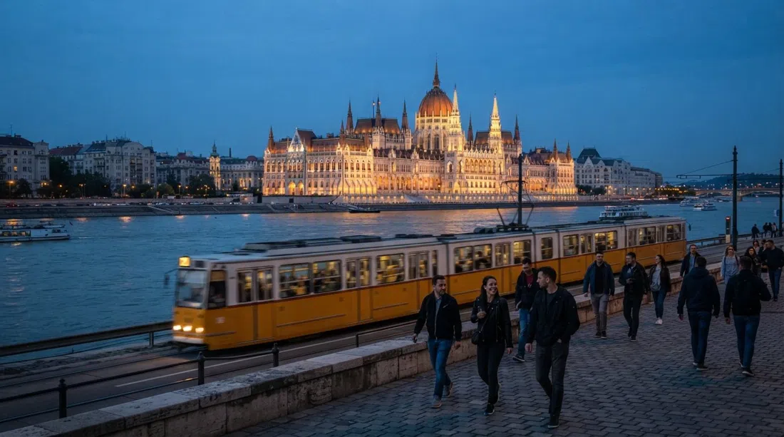 el Parlamento húngaro sobre el Danubio al atardecer, agujas neogóticas iluminadas contra un cielo azul con el tranvía 2 deslizándose por la ribera