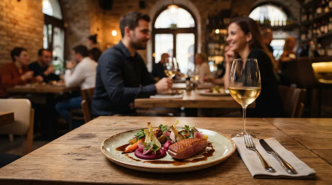 un plato degustación refinado en Borkonyha WineKitchen cerca de la Basílica, emplatado moderno de bistró con una copa de vino blanco húngaro sobre una mesa iluminada cálidamente