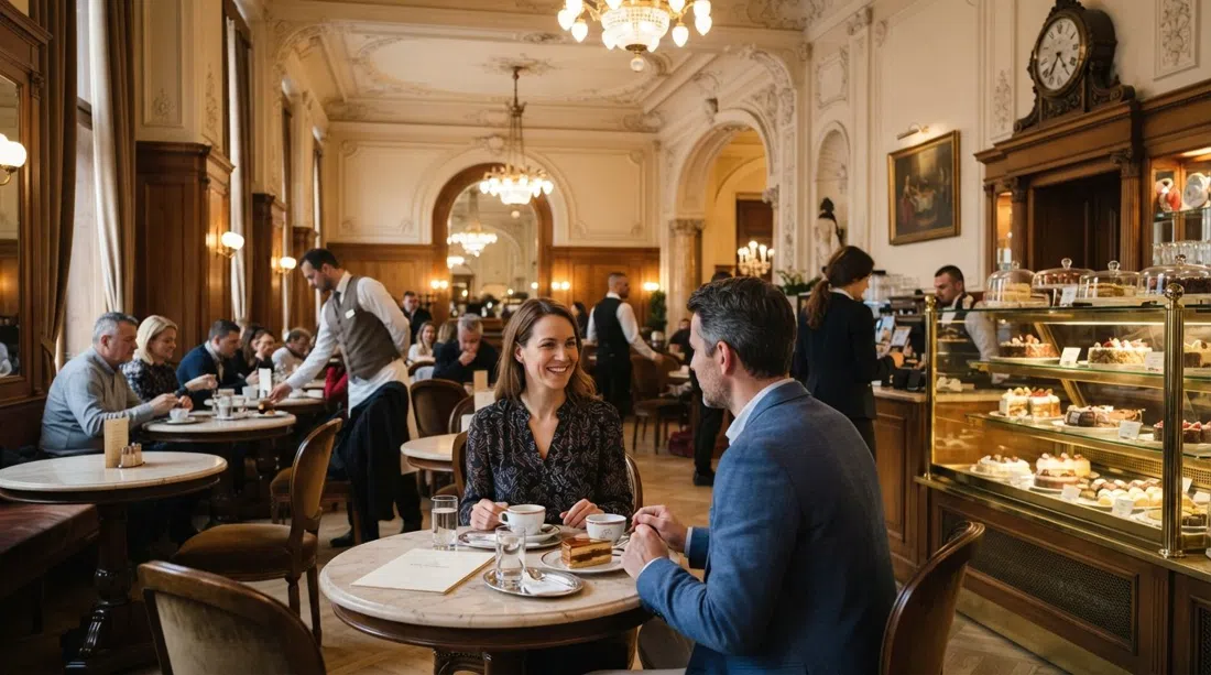 el elegante interior del Café Gerbeaud en la plaza Vörösmarty, mesas de mármol, lámparas de araña y vitrinas de pasteles bajo una cálida iluminación histórica