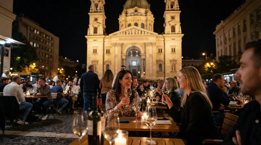 terraza de DiVino Bazilika en la plaza Szent István por la noche, copas de vino atrapando la luz con la Basílica de San Esteban brillando detrás de la multitud