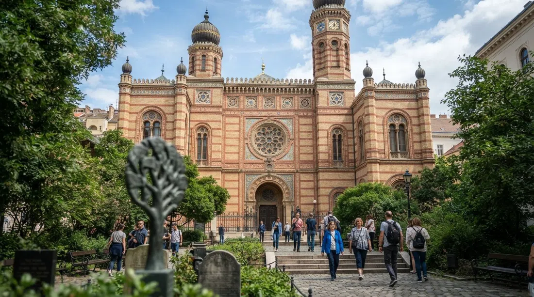 fachada de la Sinagoga de la calle Dohány en Budapest a la luz del día, arcos moriscos-bizantinos y ladrillos rayados que se elevan sobre el jardín conmemorativo