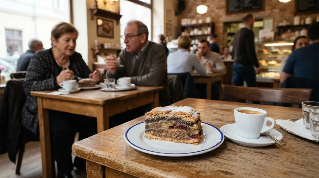 una rebanada de flódni en Fröhlich Cukrászda en Dob utca, el pastel kosher en capas en primer plano en un plato de café junto a una taza de café