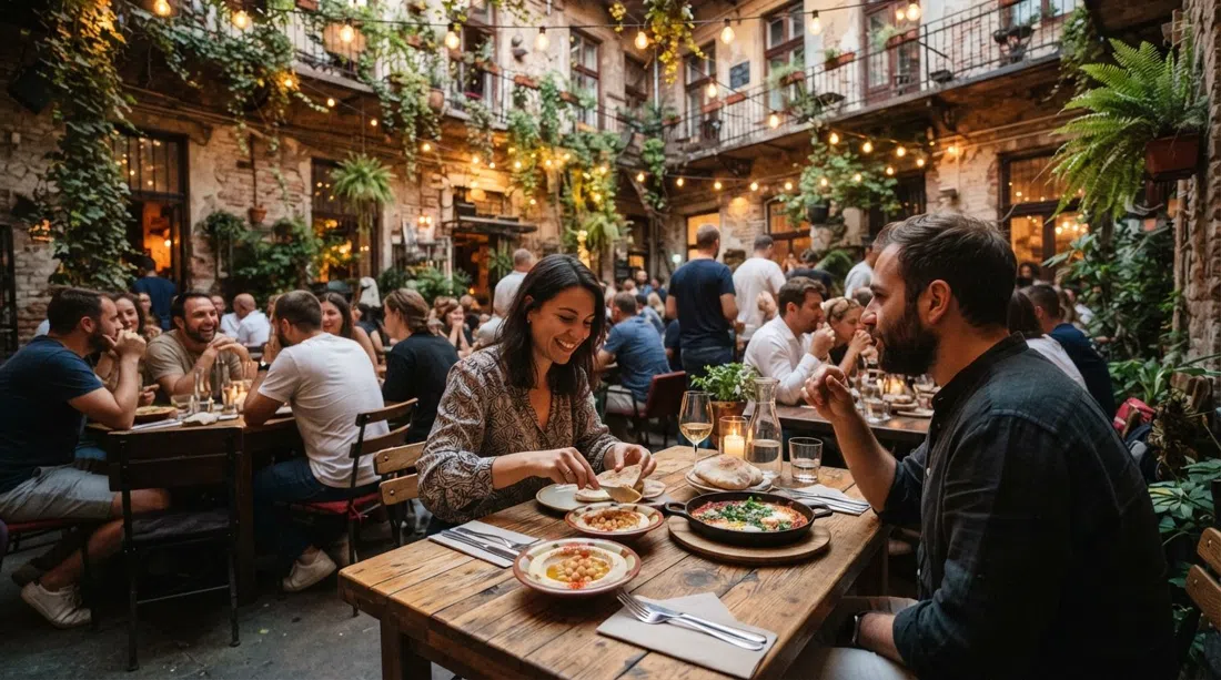 el patio lleno de plantas de Mazel Tov en Akácfa utca, luz cálida de la tarde sobre mesas preparadas para hummus y shakshuka