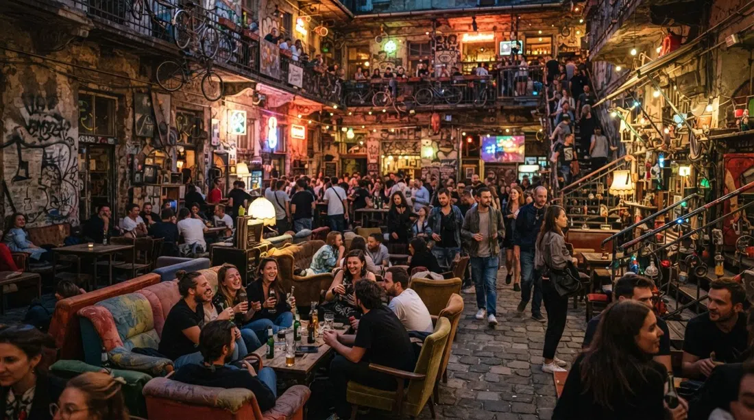 Szimpla Kert en Kazinczy utca de noche, el patio lleno de sofás desparejados, resplandor neón y gente desbordándose entre los bares