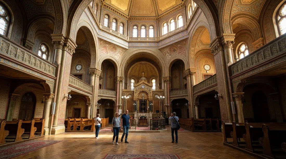 el interior octogonal restaurado de la Sinagoga de la calle Rumbach, arcos inspirados en la Alhambra y luz cayendo sobre la nave