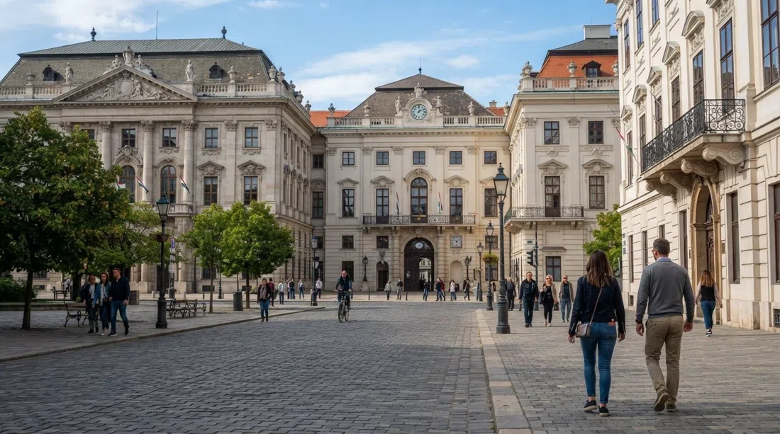 Plaza Pollack Mihály en el Barrio de los Palacios, tres palacios aristocráticos alineados detrás del Museo Nacional Húngaro en una tranquila calle diurna