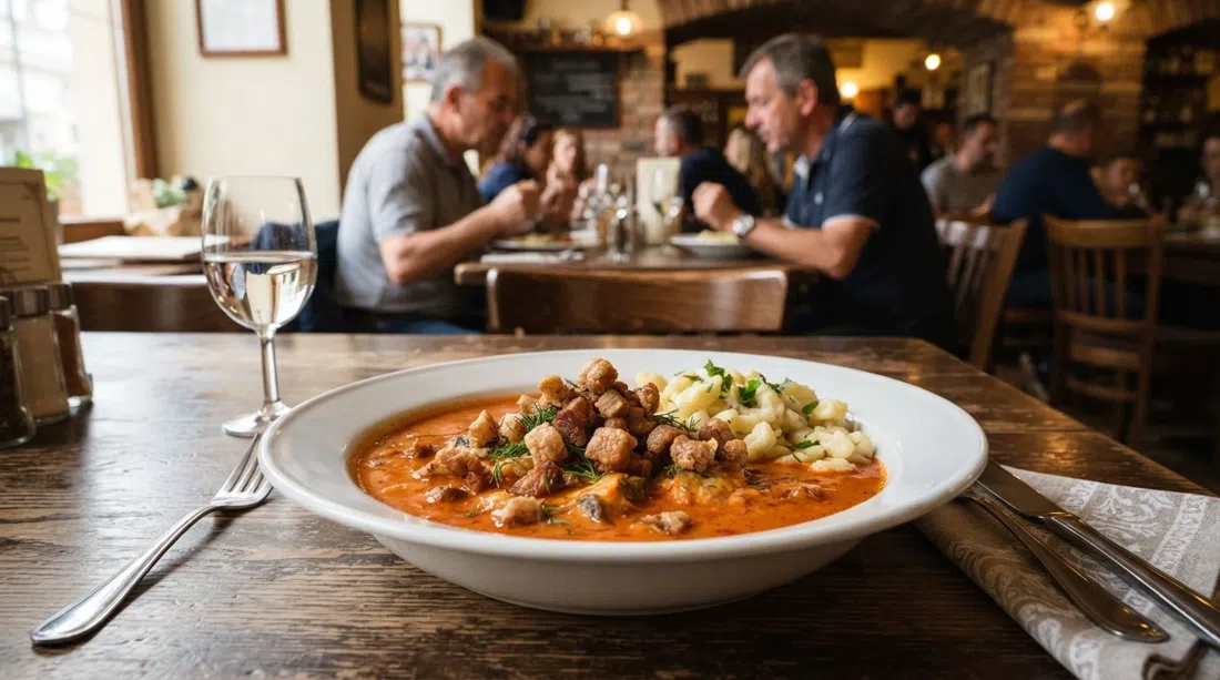 un paprikash de bagre en Rosenstein en Mosonyi utca, cubierto con chicharrón crujiente sobre una mesa de restaurante cálida