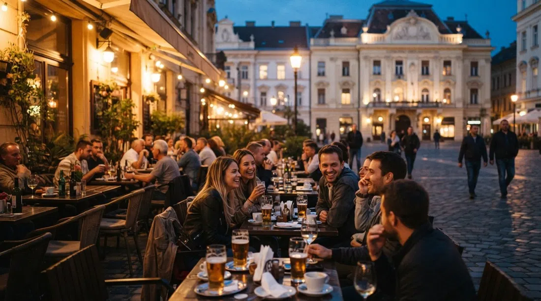 Plaza Mikszáth Kálmán al atardecer con las mesas de la terraza de Lumen, luces cálidas y gente tomando café y cerveza al aire libre