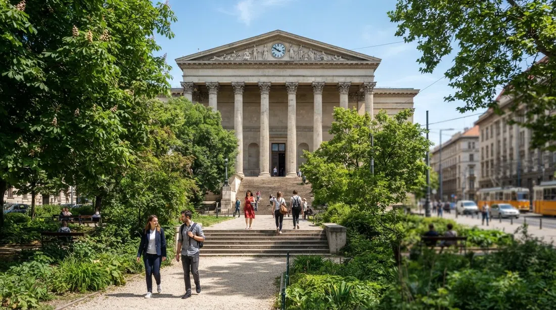 fachada del Museo Nacional Húngaro y jardín delantero frondoso en Múzeum körút con luz diurna brillante
