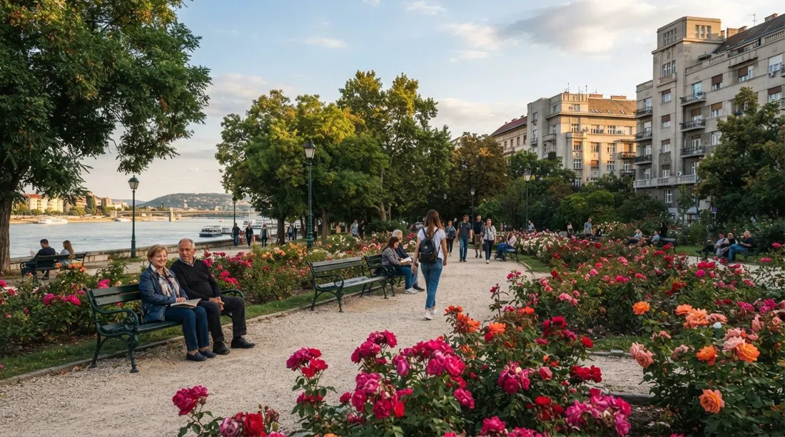 Parque Szent István a la luz del atardecer, su rosaleda y bancos frente al Danubio enmarcados por los bloques Dunapark