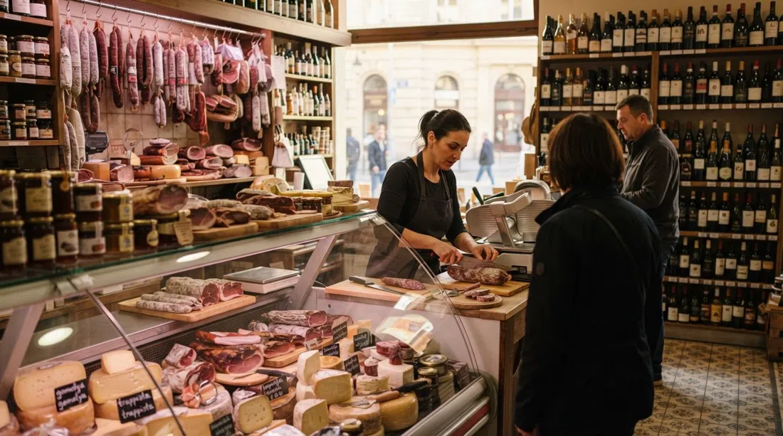 el mostrador de charcutería de Sarki Fűszeres en Pozsonyi út, con embutidos húngaros, quesos importados y botellas de vino en la cálida luz de la tarde