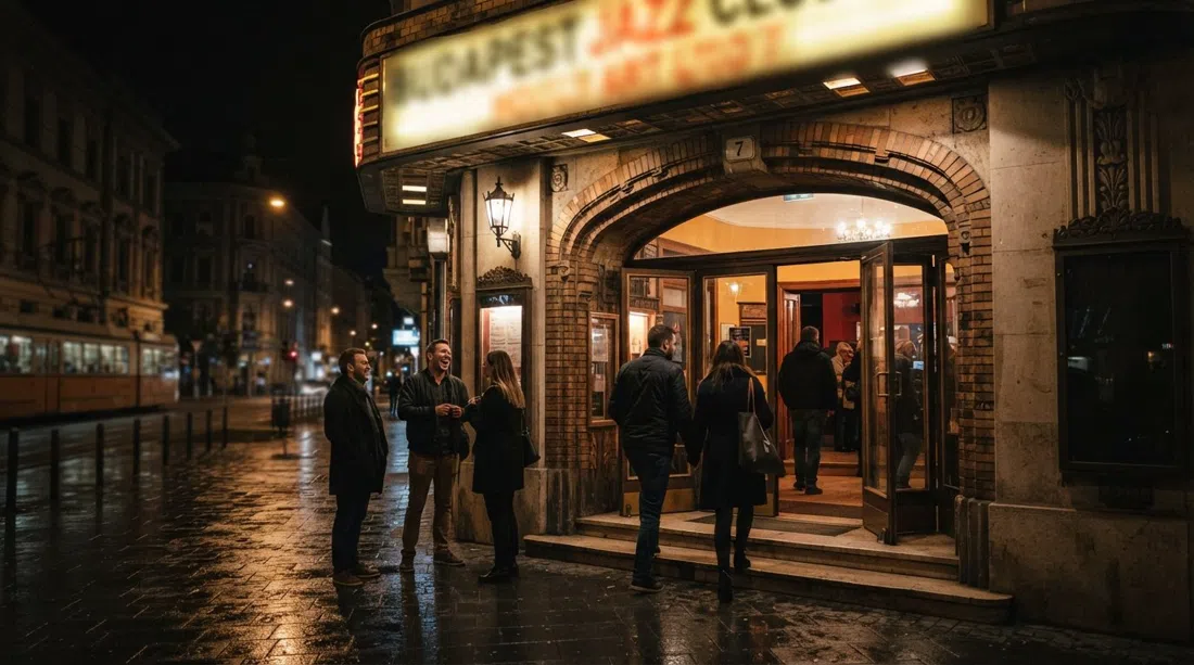 la entrada del Budapest Jazz Club en Hollán Ernő utca 7 de noche, señalización iluminada fuera del antiguo cine de 1937 convertido