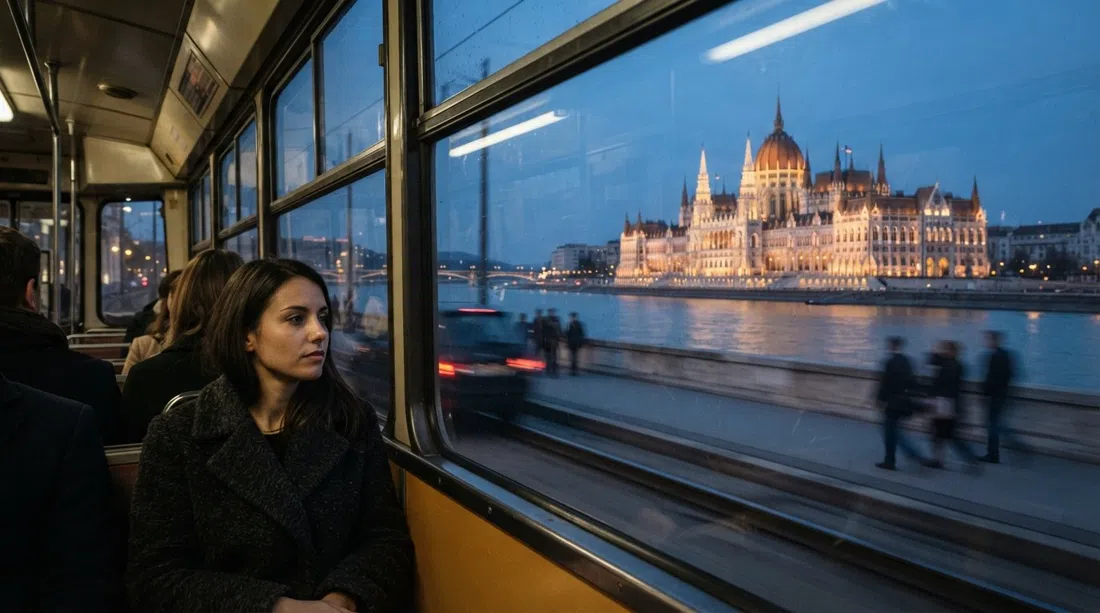Tranvía 2 circulando por el malecón de Pest con el Parlamento y el Danubio a la vista desde un asiento de ventanilla al atardecer