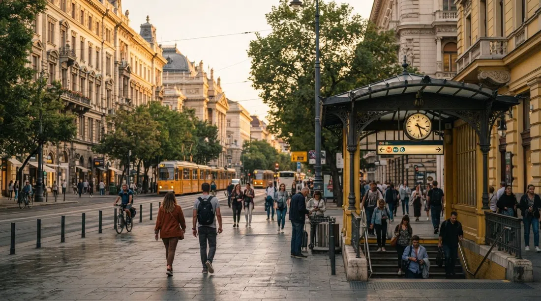 Avenida Andrássy en Terézváros a la hora dorada, fachadas neorrenacentistas, amplias aceras y la entrada amarilla del M1 en primer plano