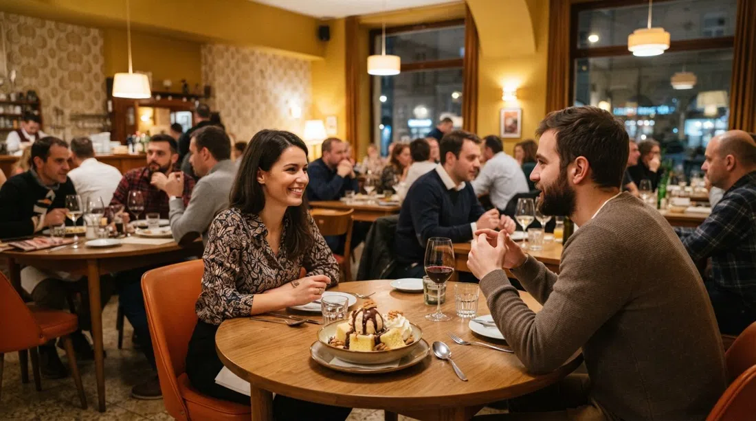 el comedor retro estilo años 70 de Menza en la plaza Liszt Ferenc, mesas concurridas, luces cálidas y postre de somlói galuska servido