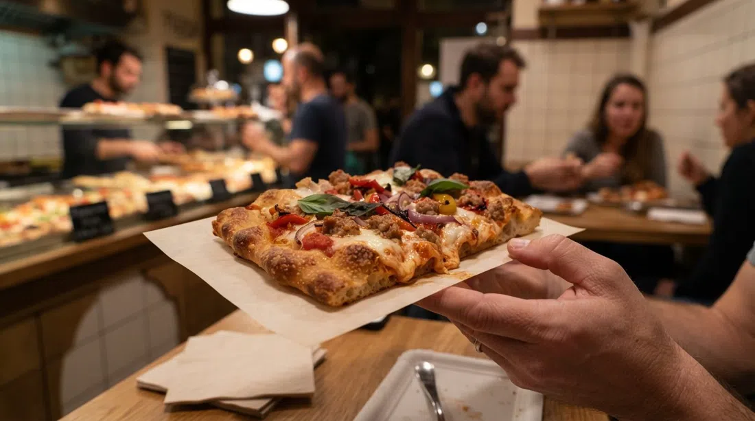 una porción rectangular de pizza romana al taglio en Pizzica en Nagymező utca, primer plano de la corteza crujiente y el topping fundido bajo la luz del atardecer