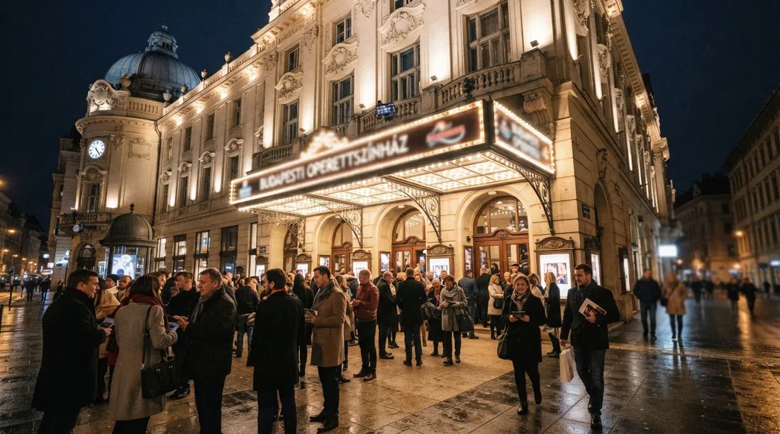 la fachada iluminada del Teatro de Opereta de Budapest en Nagymező utca de noche, asistentes al teatro reunidos bajo la marquesina