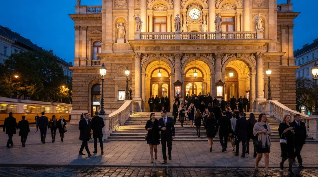 la Ópera Estatal Húngara en Andrássy út 22 al atardecer, fachada neorrenacentista ornamentada iluminada con gente llegando para una función