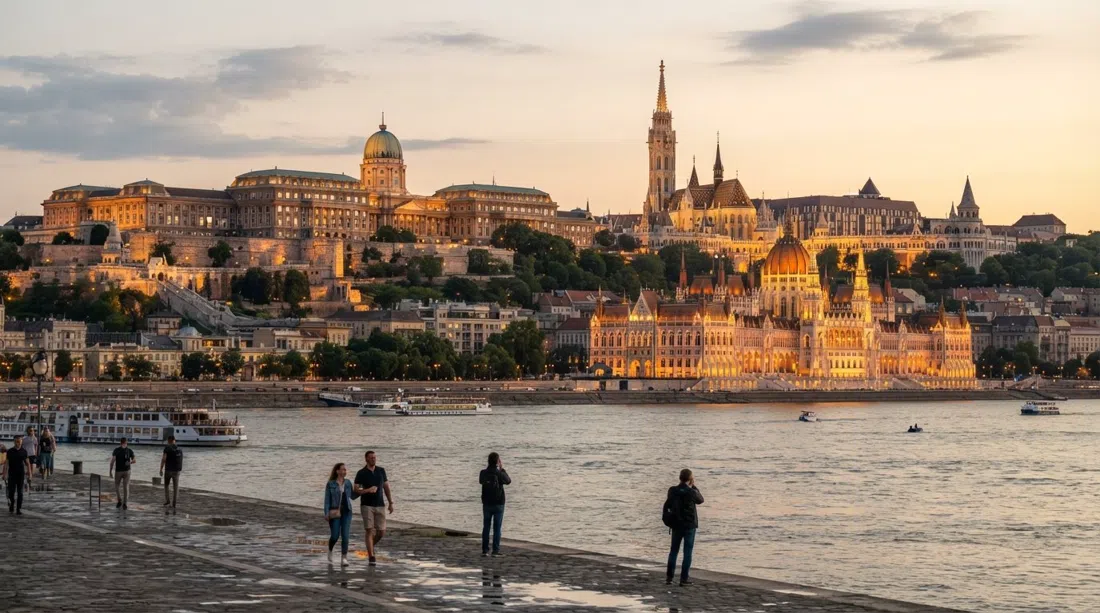 Castillo de Buda, Iglesia de Matías y Bastión de los Pescadores alineados a lo largo de la cresta de la Colina del Castillo sobre el Danubio en la hora dorada, con el Parlamento brillando al otro lado del río