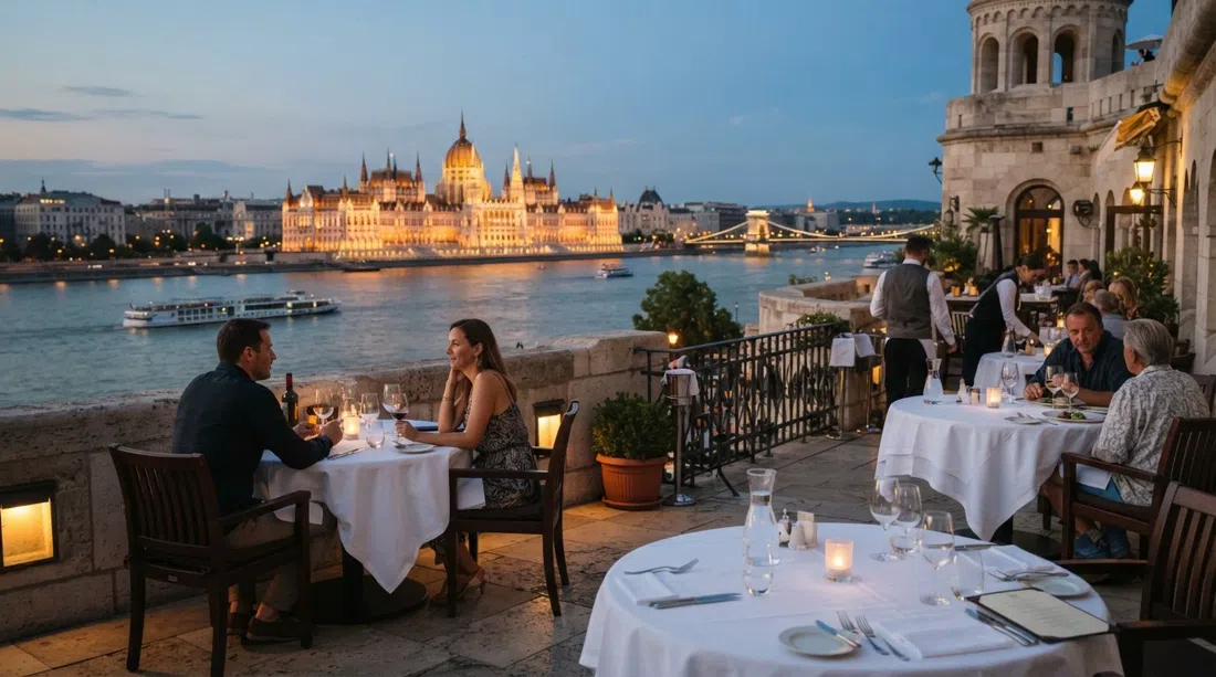 la terraza de Aranybástya con manteles blancos, panorama del Danubio y el Parlamento al otro lado del agua en la suave luz del atardecer