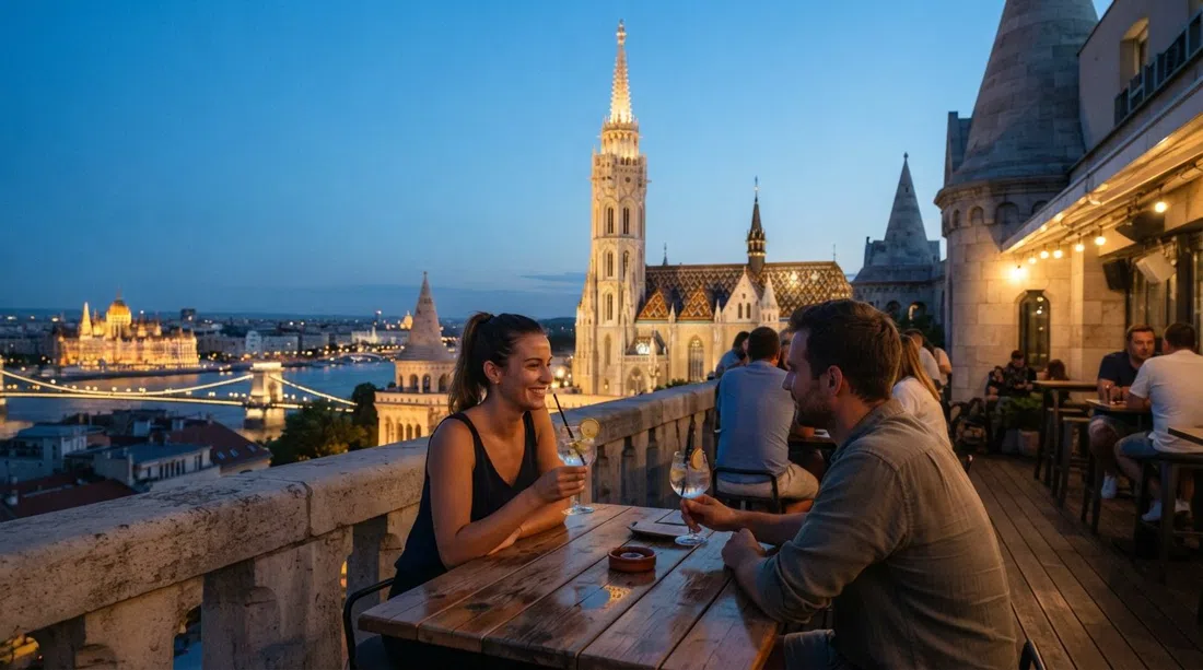 White Raven Skybar en la azotea del Hilton al anochecer, la aguja de la Iglesia de Matías a la altura de los ojos y copas de cóctel atrapando la última luz