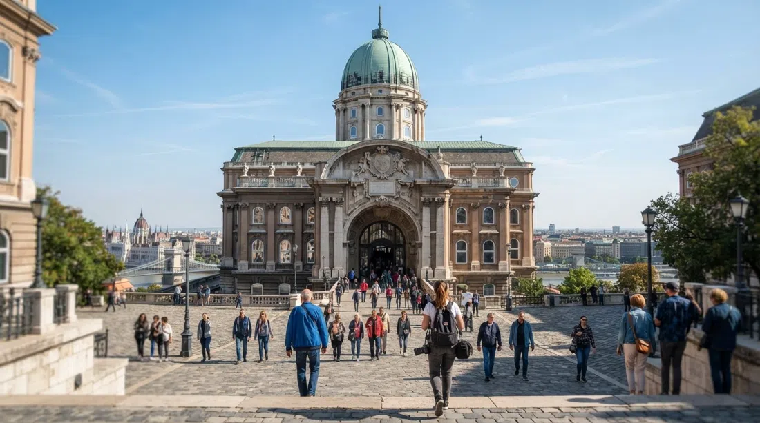 el patio y la masa abovedada del Castillo de Buda en la cresta, con visitantes entrando a la Galería Nacional Húngara bajo un cielo claro de tarde