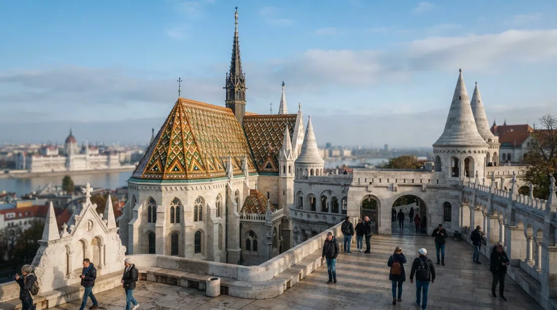 Techo de la Iglesia de Matías con azulejos Zsolnay estampados y los torreones blancos del Bastión de los Pescadores a su lado, vistos a la luz de la mañana nítida