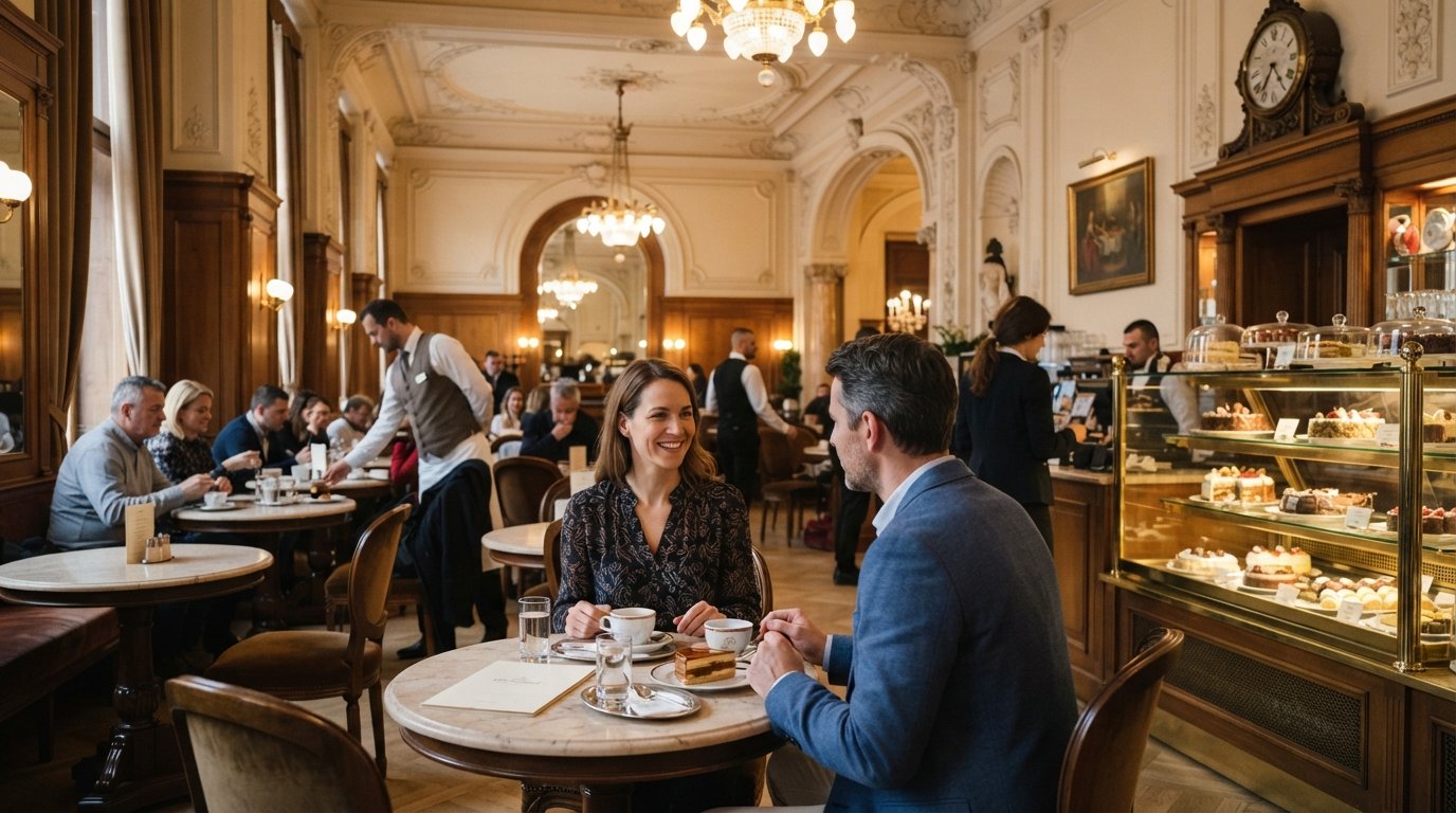 the elegant interior of Café Gerbeaud on Vörösmarty tér, marble tables, chandeliers and cake display cases under warm historic lighting