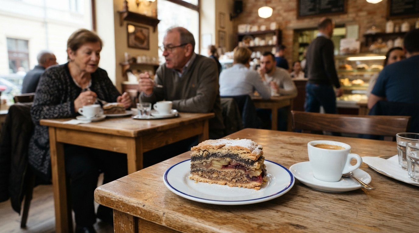 a slice of flódni at Fröhlich Cukrászda on Dob utca, the layered kosher cake shown close-up on a café plate beside a coffee cup