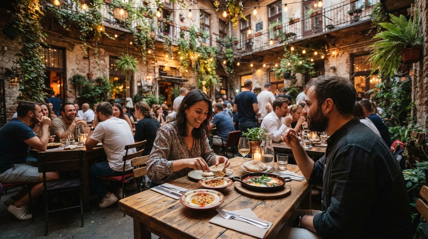 the plant-filled courtyard at Mazel Tov on Akácfa utca, warm evening light over tables set for hummus and shakshuka