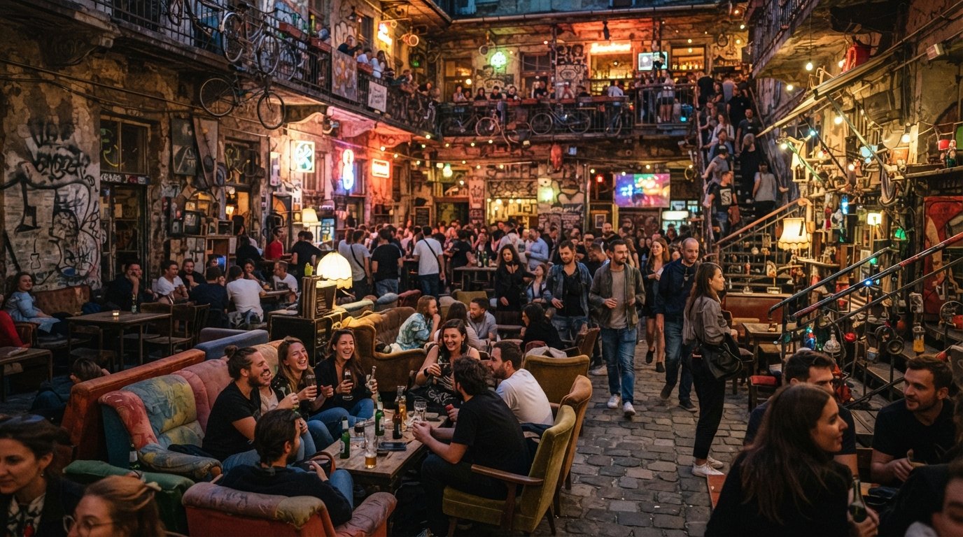 Szimpla Kert on Kazinczy utca at night, the courtyard packed with mismatched sofas, neon glow and people spilling between bars