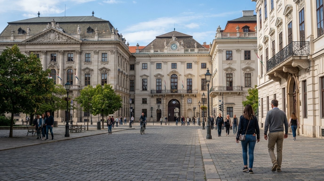 Pollack Mihály tér in the Palace Quarter, three aristocratic palaces lined up behind the Hungarian National Museum on a calm daytime street