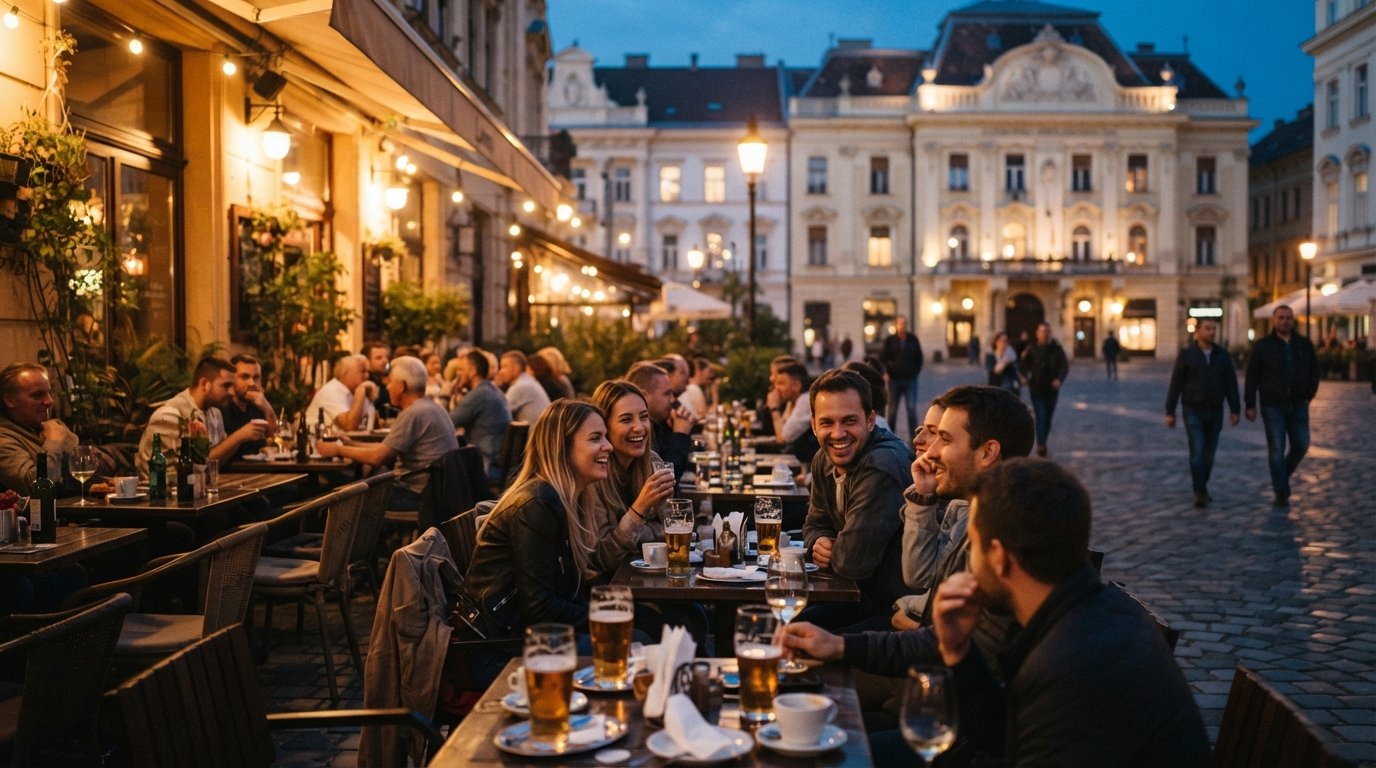 Mikszáth Kálmán tér at dusk with Lumen’s terrace tables, warm lights and people drinking coffee and beer outdoors
