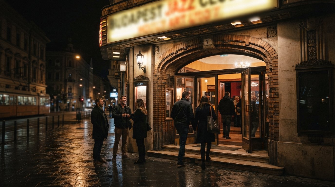 the entrance of Budapest Jazz Club on Hollán Ernő utca 7 at night, illuminated signage outside the converted 1937 cinema