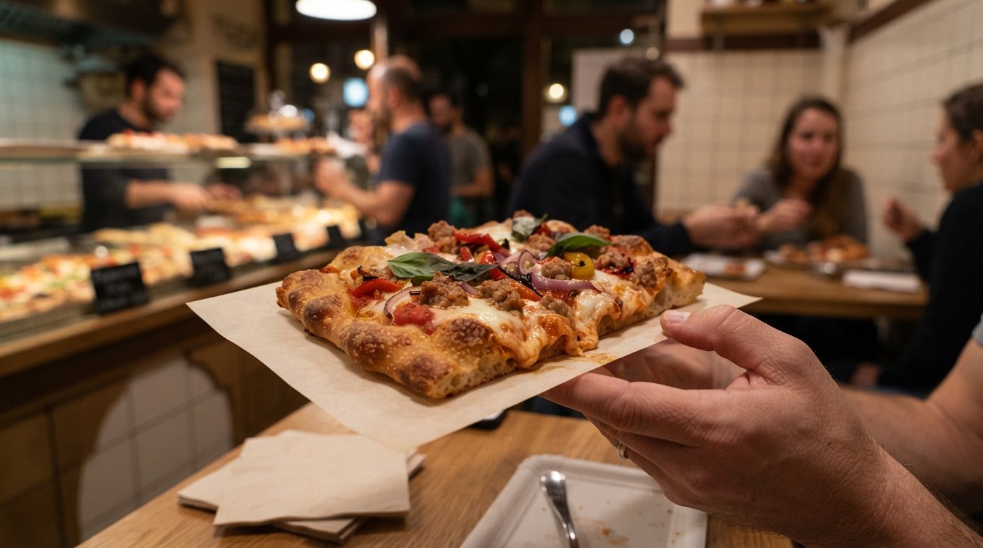 a rectangular Roman-style pizza al taglio slice at Pizzica on Nagymező utca, close-up of crisp crust and melted topping under late-evening light