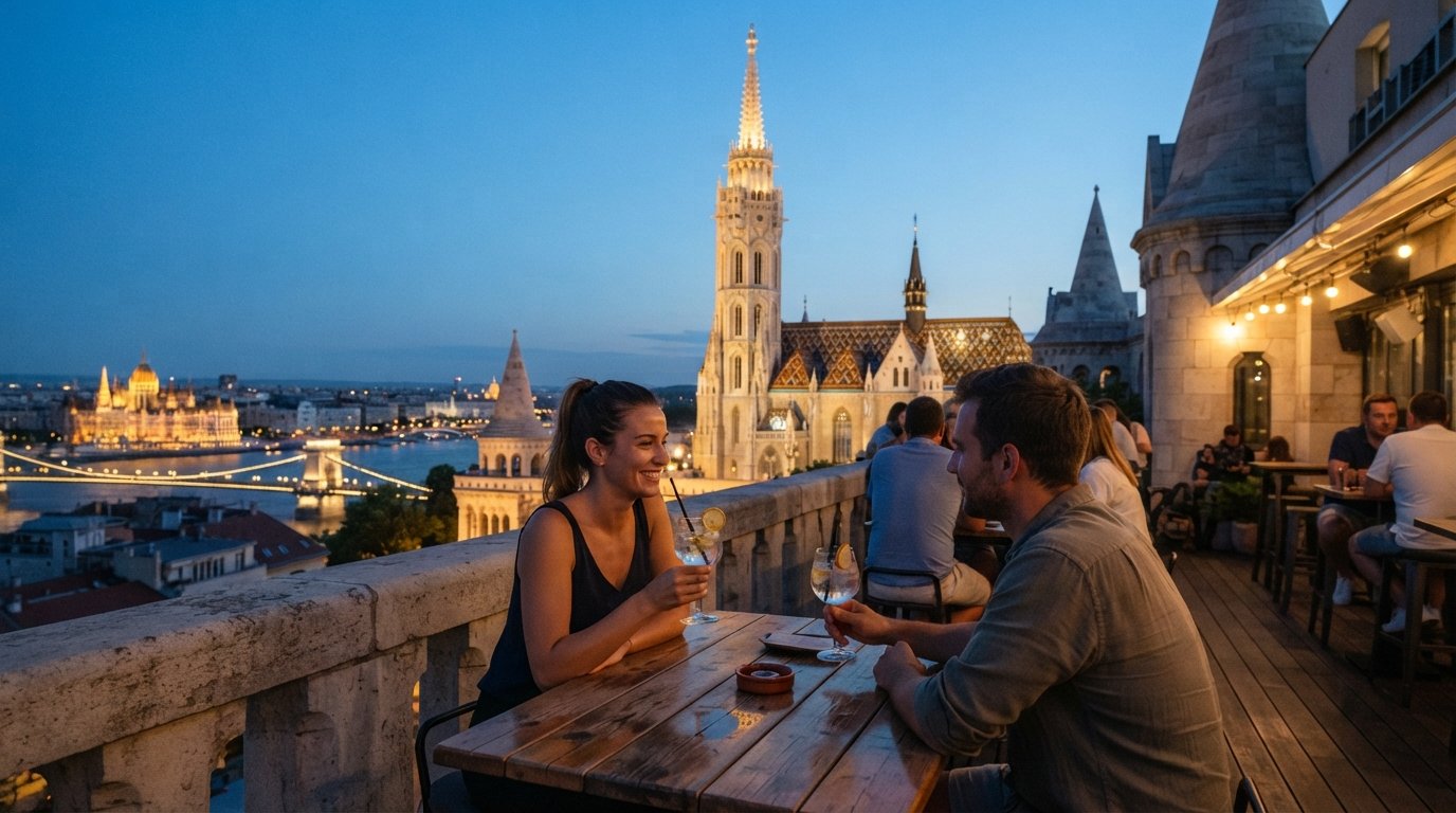 White Raven Skybar on the Hilton roof at dusk, Matthias Church spire at eye level and cocktail glasses catching the last light